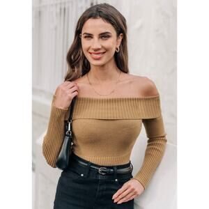 Cupshe Camel Off Shoulder Sweater Ribbed Knit Crop Top Size Medium NWT